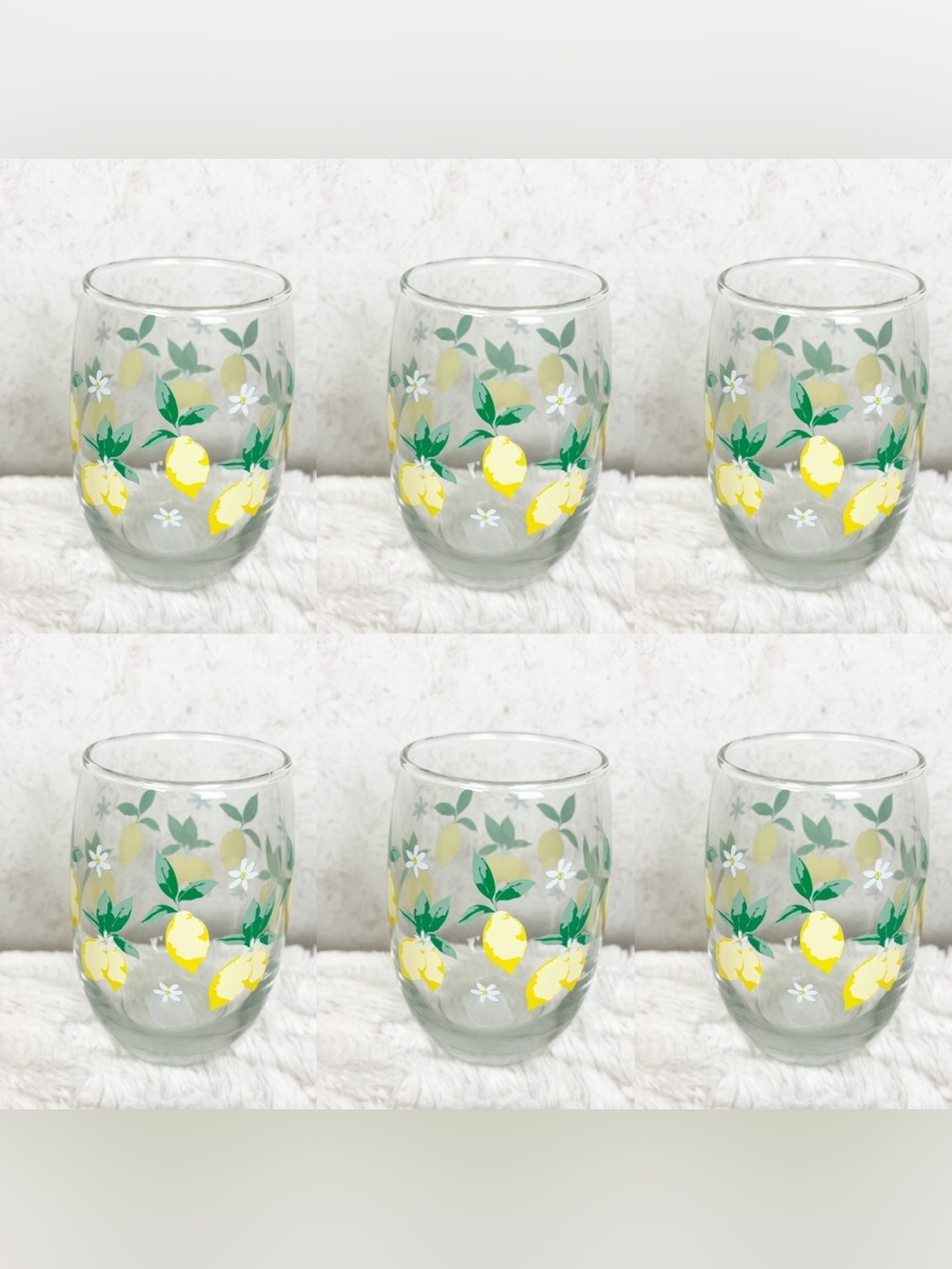 Cristar 6 Watercolor Lemons White Floral Stemless Wine Glasses Cottagecore